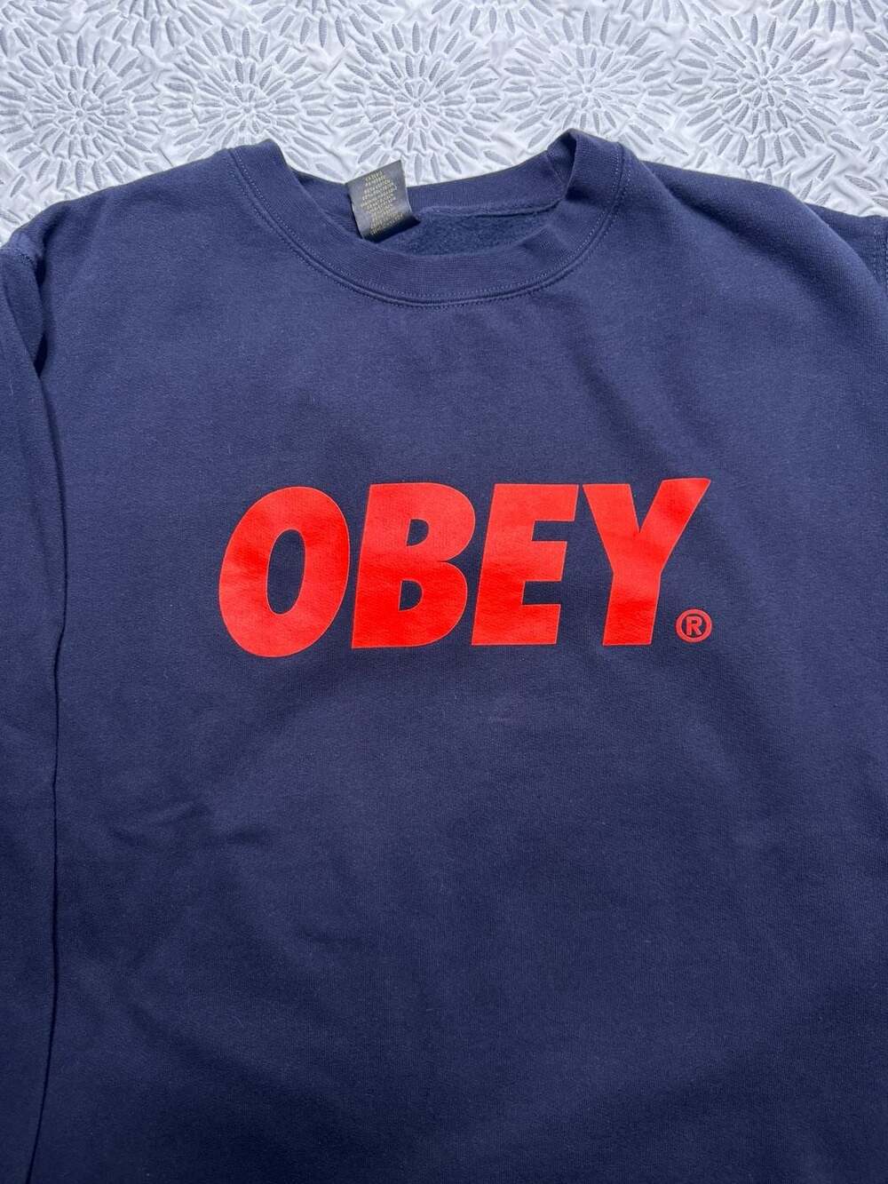 Obey Navy Blue Crewneck Sweatshirt with Red Spellout Logo Men’s Medium